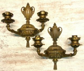 Pair Antique Art Nouveau Two Arm Brass Wall Lamps Sconces Laurel & Urn Tassels 3