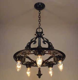 Antique Spanish Revival Gothic Black Cast Iron Chandelier Light Fixture Restored