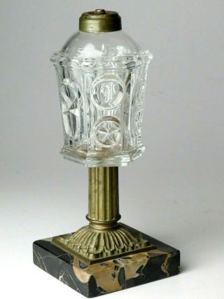 Antique Whale Oil Lamp Marble Base Brass Column Eapg Starburst Pattern Glass 10 "