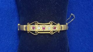 Stylish Australian Antique Victorian 9ct Gold Bangle W Rubies & Diamonds 10g