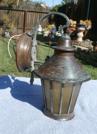 Vintage Arts & Craft Mission Bungalow Copper Porch Light W / Leaded Glass