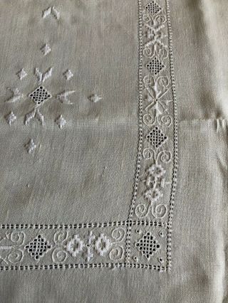 Vintage Cream Linen Huge Cypriot Lefkara Work Tablecloth Hand Embroidered