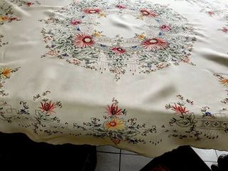 Gorgeous Vintage Raised Hand Embroidery Circular Cream Linen Tablecloth 66 Inch