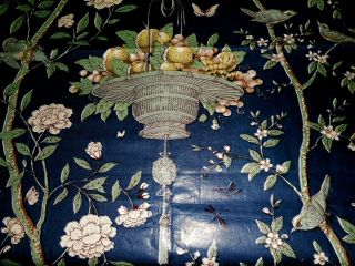 Antique French Or English Chinoiserie Floral Bird Chintz Fabric Blue Celadon