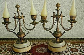 Antique French Bronze Pair White Marble Base Footed Gothic Candelabras 10 "