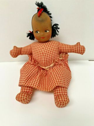 Vintage Americana Black Baby Doll - Cloth Molded Hand Painted Face Stuffed 1940s?