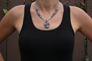 Navajo Sterling Silver Necklace With Stunning Sleeping Beauty Turquoise & Coral