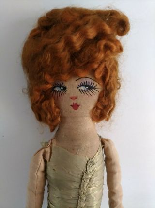 Vintage 1920s Boudoir Doll Cloth Doll Orange Hair Big Eyes Painted Face Antique