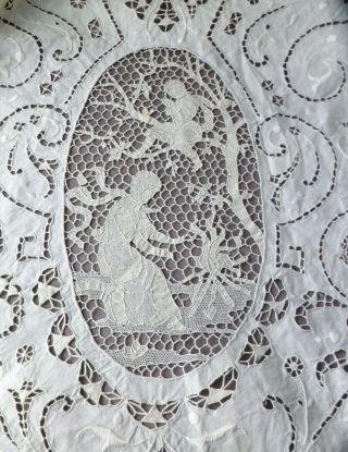 Antique Figural Point De Venise Lace Linen Round Tablecloth 4 Seasons Scenes 65 "