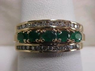 Estate 1.  42ctw Natural Green Emerald & Diamond Band - Ring 14k Yellow Gold Sz9.  5