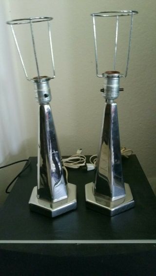 Pair Vintage Mcm Machine Age Art Deco Chrome Table Lamps/shade Holder Industrial