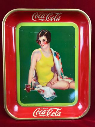 Authentic 1929 Girl In Yellow Suit With Glass Coca - Cola Serving Tray Co
