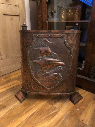 Vintage Antique Arts And Crafts Copper Fire Screen Guard Gallon Scene Shield