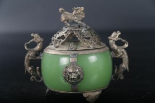 Collectible Chinese Tibetan Silver Carving Kylin Inlay Green Jade Incense Burner