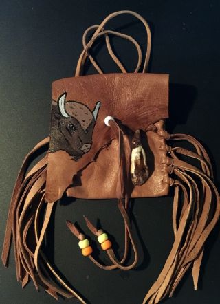 Buffalo Hand Painted Lambskin Medicine Bag,  With Buffalo Tooth