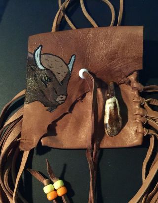 Buffalo Hand painted Lambskin Medicine bag,  with Buffalo Tooth 2