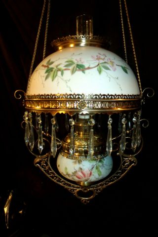 Antique B & H Hanging Oil Lamp (pink Floral Shade And Font Holder)
