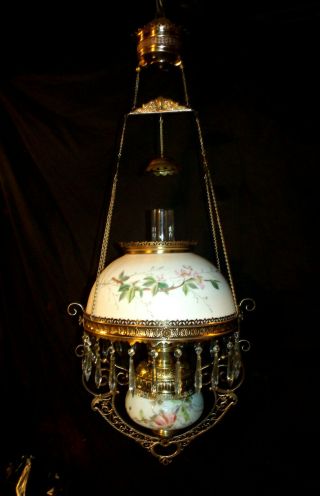 ANTIQUE B & H HANGING OIL LAMP (PINK FLORAL SHADE AND FONT HOLDER) 2