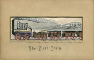 1880s Stevengraph Silk Woven Picture " The First Train " Coal Steam Locomotive