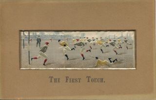 1880s Stevengraph Silk Woven Picture " The First Touch " - Rugby Match