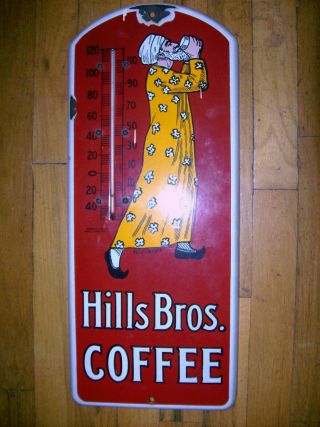 Antique Hills Bros.  Coffee Porcelain Sign With Thermometer
