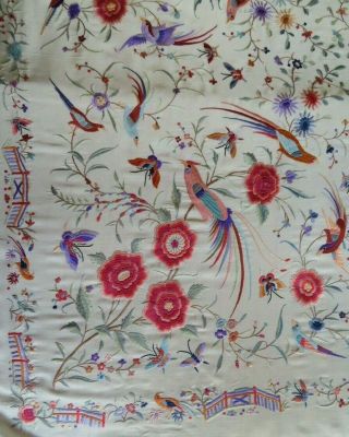 Antique Hand Embroidered Silk Canton Piano Shawl With Ornamental Pheasants