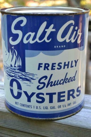 Vintage Salt Air Brand Oyster Tin Can With Sail Boat Graphic Fishing