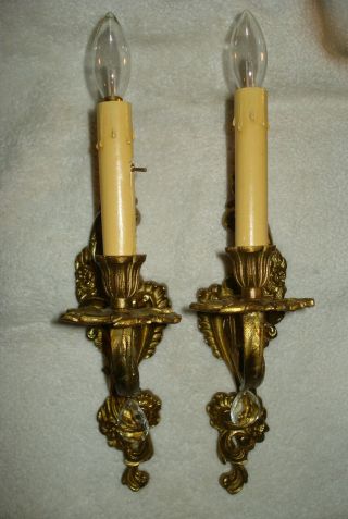 Vintage Pair 2 Brass Candelabra Sconce Wall Light Lamp 1 Arm Electric Candle