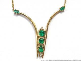 Fine Natural Emerald Diamond 14k Gold Necklace Vintage Midcentury Chevron 17in