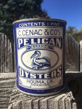Vintage One Pint Oyster Tin Can Advertising Pelican Houma La Rare