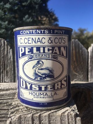 Vintage One Pint Oyster Tin Can Advertising PELICAN HOUMA LA RARE 3