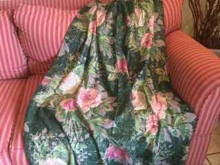 Antique Vintage Barkcloth Drape Curtain Dark Green With Pink Roses