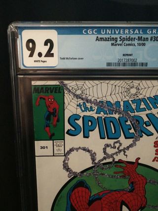 CGC 9.  2 (NM -) Spider - Man 301 (Toy Biz reprint 2000) McFarlane WhitePages 2
