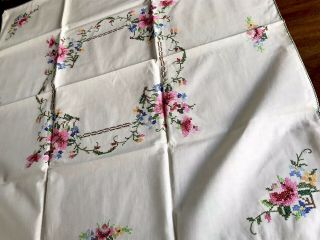 Vintage Hand Embroidered Cream Linen Tablecloth Roses 33x33 "
