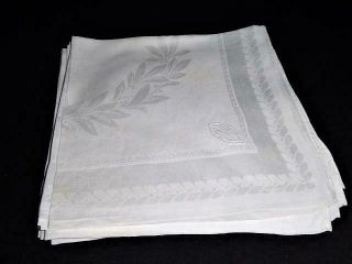Set 12 Antique White Linen Damask Napkins 25 " Triple Monogram Laurel Wreath