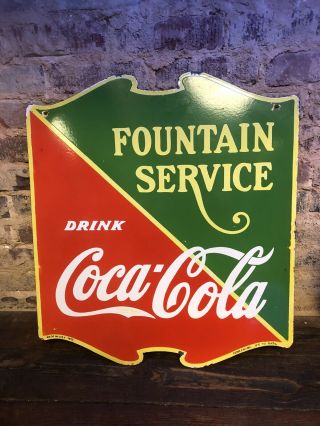 " Coca Cola Fountain Service " Porcelain Sign (dated 1933) Double Sided 22 1/2x25”