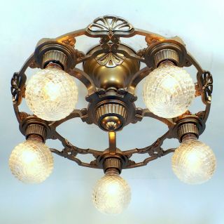 Vintage Art Deco Cast Iron 5 Light Semi Flush Ceiling Fixture Chandelier Bronze