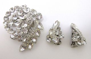 Vintage Weiss Ice Clear Rhinestone Brooch Pin & Clip Earrings Set