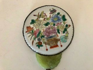 Vintage Chinese Porcelain Silver HAND MIRROR with Jade Handle & Carved Swans 3