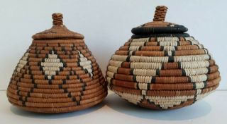 (x2) African Tribal Zulu Handwoven Baskets W/lids & Tags Euc