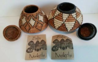 (x2) African Tribal Zulu Handwoven Baskets w/Lids & Tags EUC 3