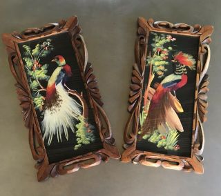 2 Vtg Mexican Folk Art Feather Bird Pictures - Vibrant Color On Black Background