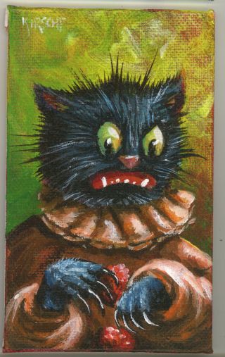 Kirscht Shiverbones Vintage Halloween Postcard Style Cat Painting Ooak