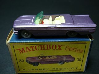 Very Rare Matchbox Lesney No 39 Pontiac Convertible,  Purple,  Grey Wheels,  Mib