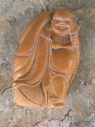 Happy Buddha Hard Stone Carving Statue Gold Orange Brown Hand Carved Large