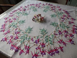 Vintage Hand Embroidered Tablecloth=exquisite Flowers Circle/ Pink Fuchsias