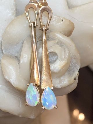 Estate Vintage 14k Yellow Gold Opal Earrings Drop Dangle Gemstone Pear Cut