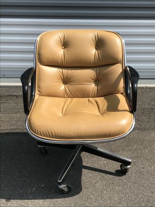 Vintage Knoll Pollock Chair Beige Mustard Leather Mid Century Modern Mcm