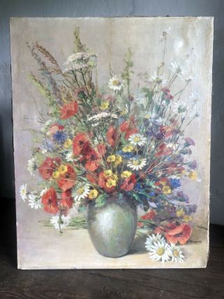 1954 French Post Impressionist Oil On Canvas Still Life / Flowers In Vase Signed