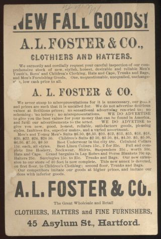 LARGE 1880S TC ADVERTISING A L FOSTER & CO.  HARTFORD,  CT.  CLOTHIERS & HATTERS 2